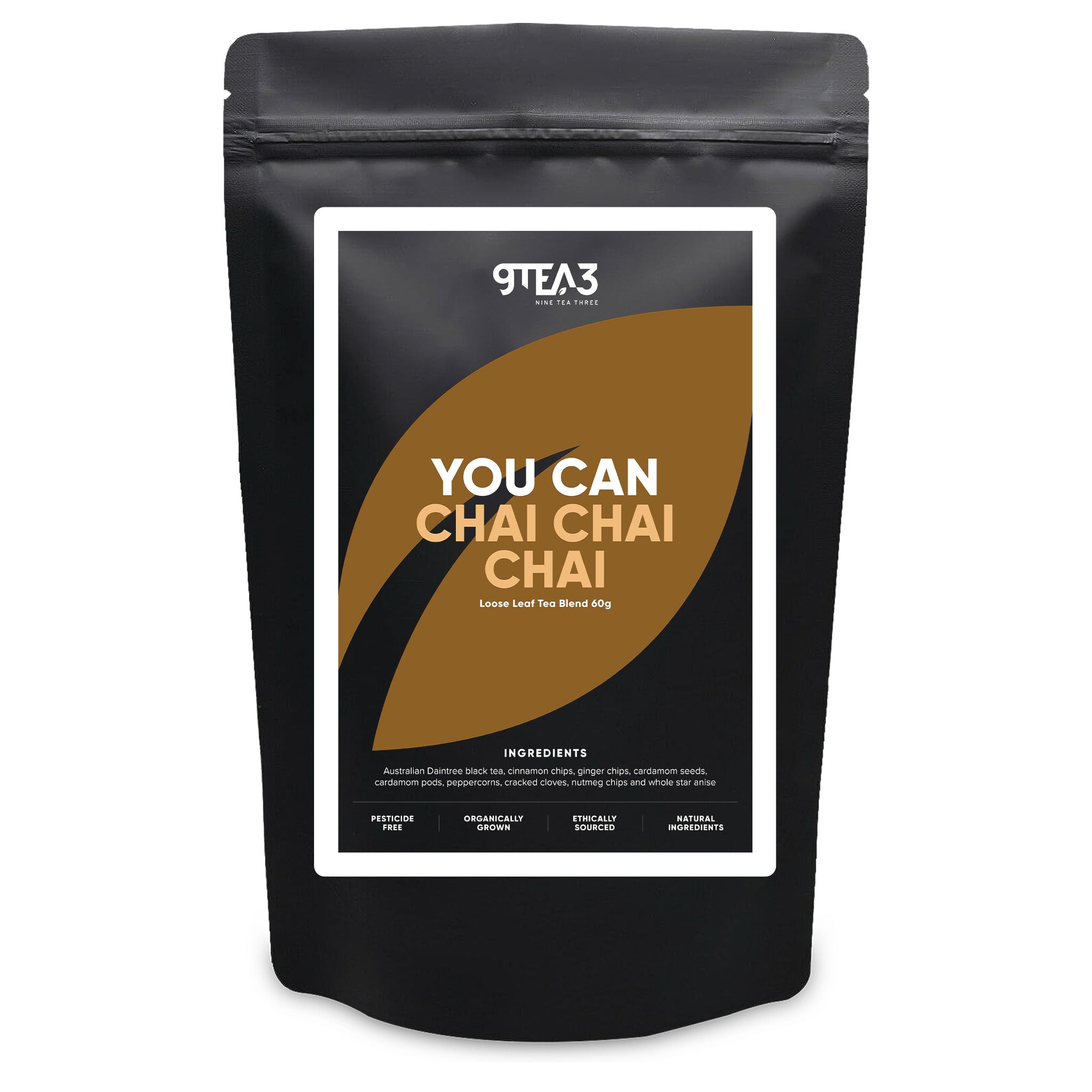The front of a tea pouch with the You Can Chai Chai Chai label